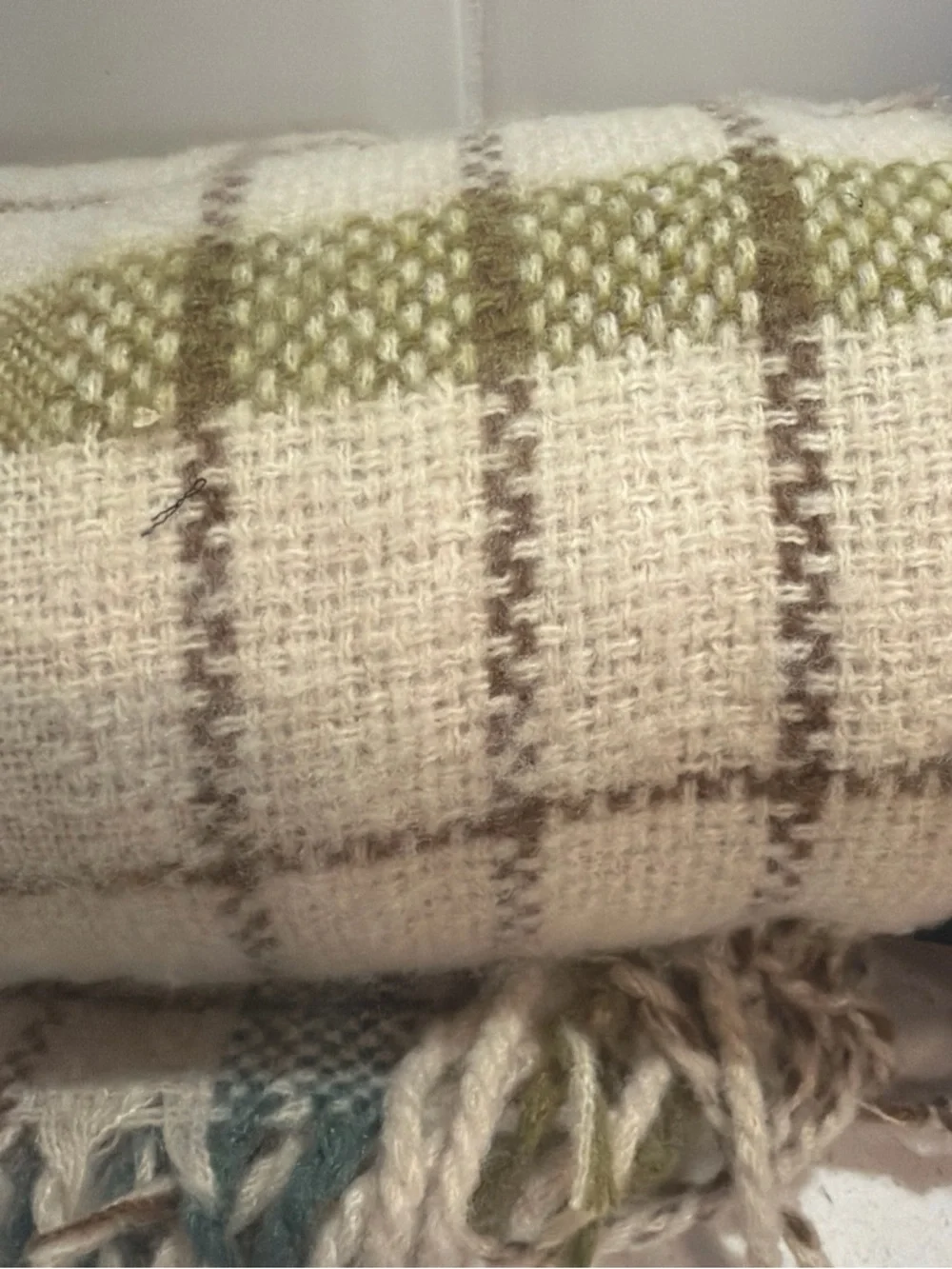 Plaid Throw Blanket Beige Brown Green w/ Fringe 60” x 50” Hearth & Hand NWT